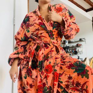 Coral Floral Velvet Cotton Winter Robe